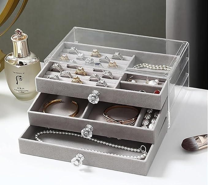 Kynart 3-Layer Transparent Jewelry Organizer Box with Velvet-Lined Drawers for Rings, Necklaces, Bracelets & More
